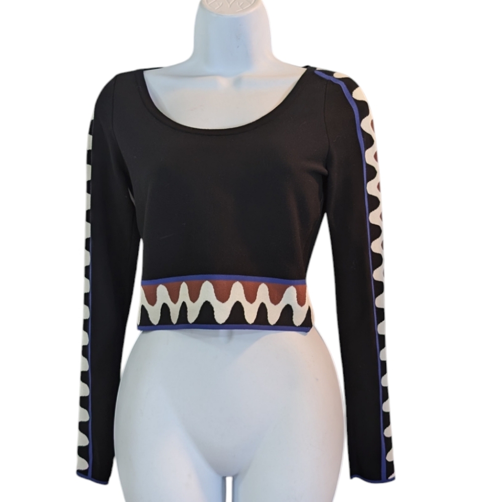 Emilio Pucci Black Long-Sleeve Cropped Top with Ivory and Brown Wave Trim